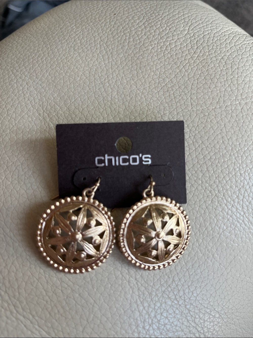 Chico's Gold Compass Medallion Drop Earrings!  Beautiful.